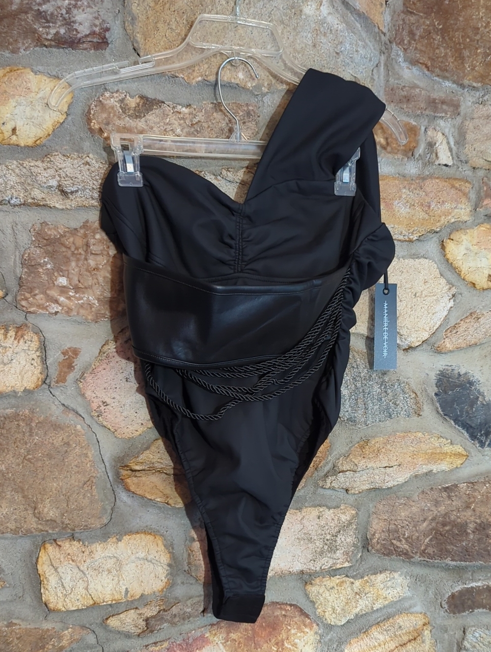 Manière De Voir Black One-Shoulder Bodysuit with Rope Detail